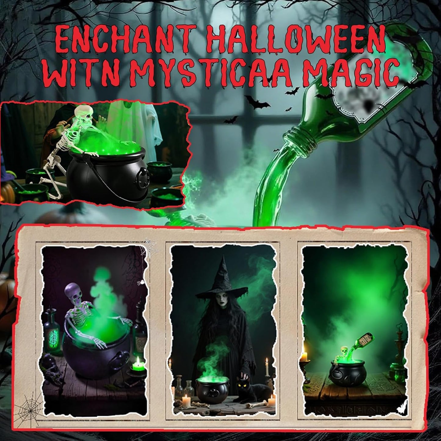Halloween Smoking Cauldron Decor with Skeleton, Floating Bottle and LED Fog Effect