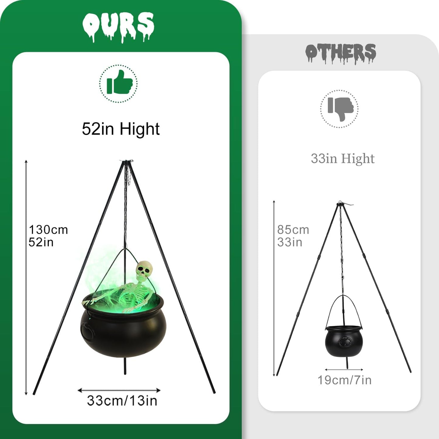 Large Halloween Witch Cauldron Set with 52-Inch Tripod, 24-Inch Skeleton and Green Mist Maker,