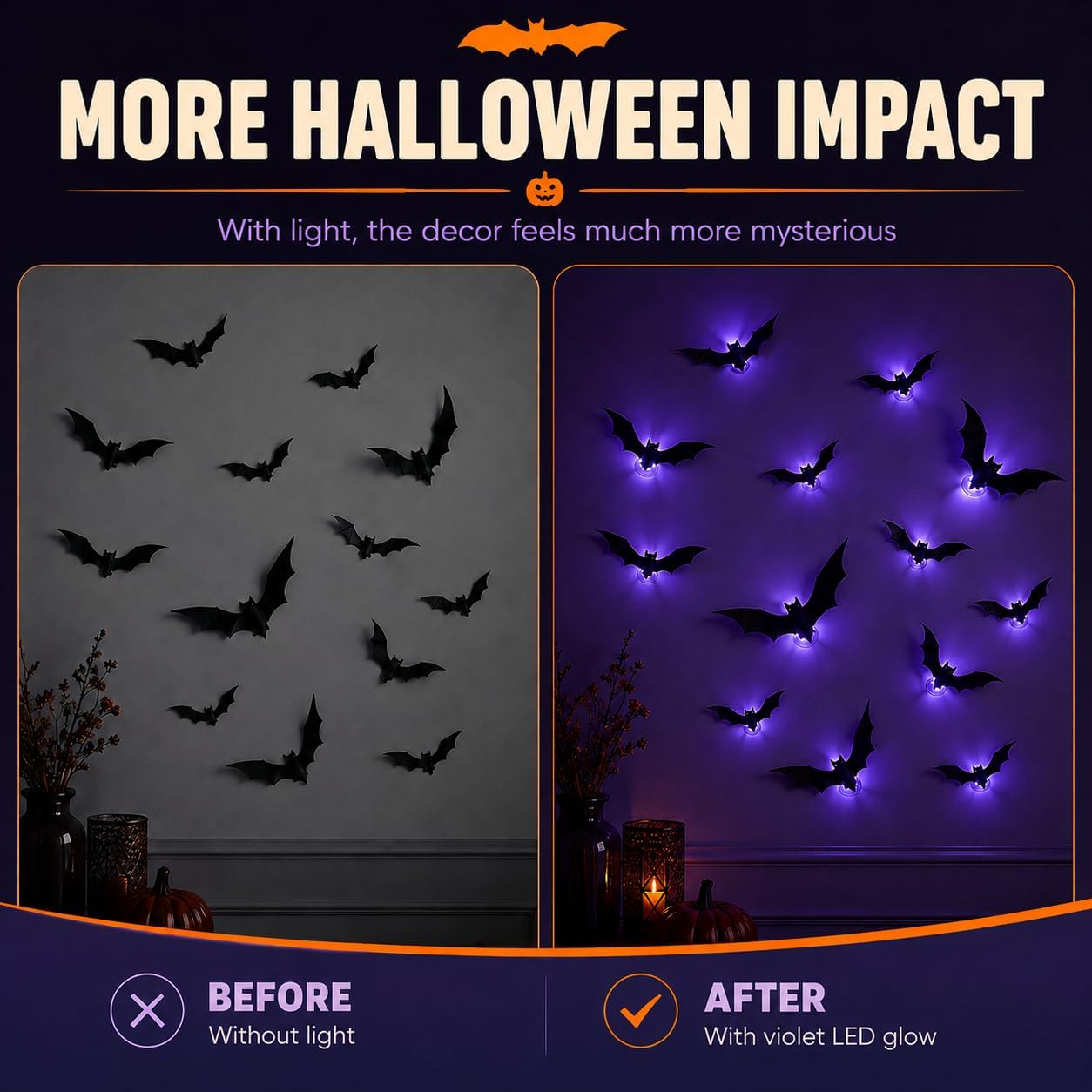 12-Pack Glowing 3D Halloween Bats with Self-Adhesive LED Lights