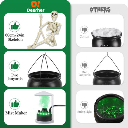 Large Halloween Witch Cauldron Set with 52-Inch Tripod, 24-Inch Skeleton and Green Mist Maker,