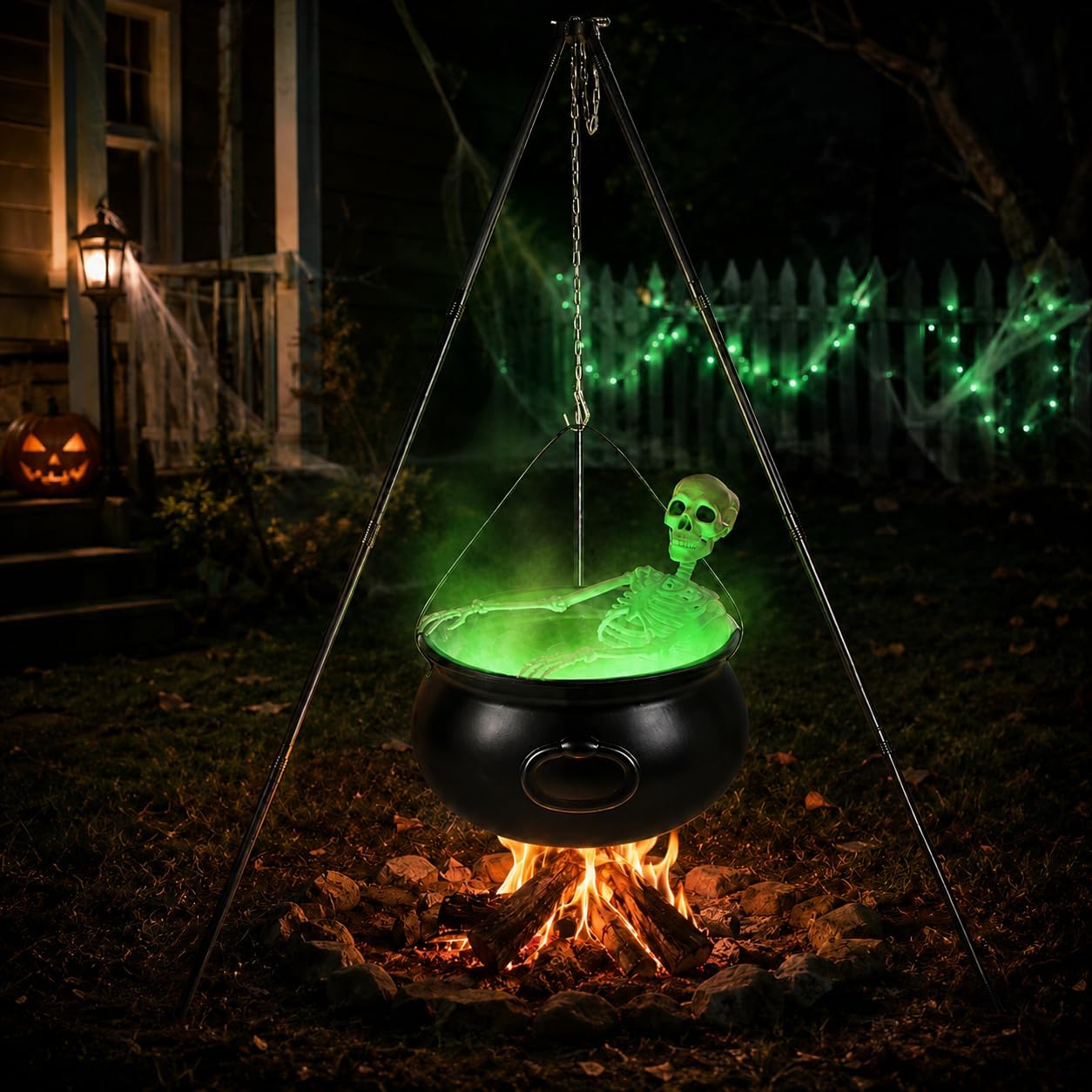 Large Halloween Witch Cauldron Set with 52-Inch Tripod, 24-Inch Skeleton and Green Mist Maker,