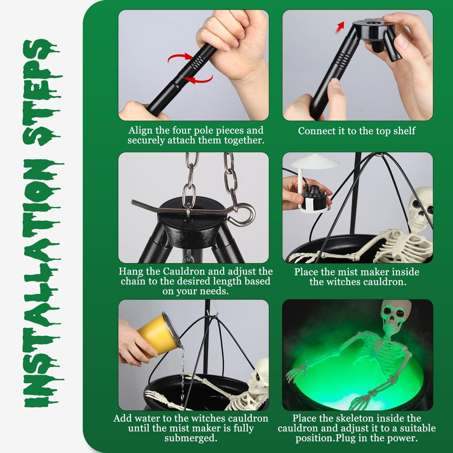 Large Halloween Witch Cauldron Set with 52-Inch Tripod, 24-Inch Skeleton and Green Mist Maker,