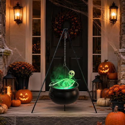 Large Halloween Witch Cauldron Set with 52-Inch Tripod, 24-Inch Skeleton and Green Mist Maker,
