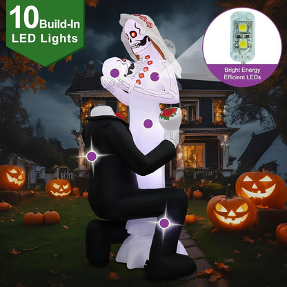 8FT Halloween Skeleton Couple Inflatable with 10 LED Lights – Outdoor Day of the Dead Yard Decoration