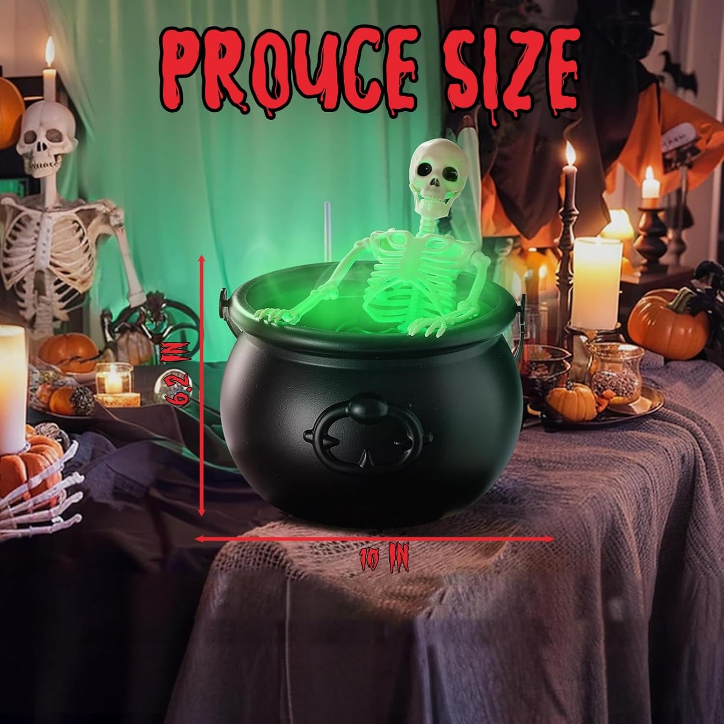 Halloween Smoking Cauldron Decor with Skeleton, Floating Bottle and LED Fog Effect