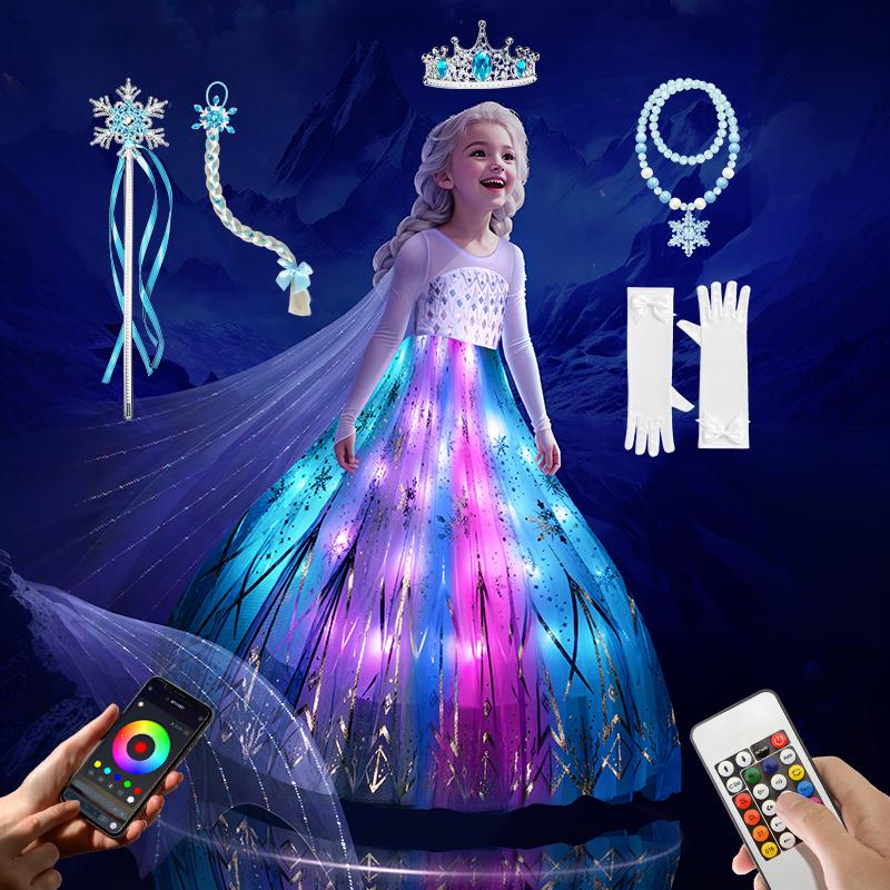 Girls LED Princess Costume Dress with Crown & Magic Wand