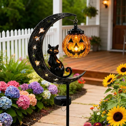 Solar Halloween Cat & Pumpkin Moon Garden Stake Light