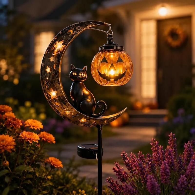 Solar Halloween Cat & Pumpkin Moon Garden Stake Light
