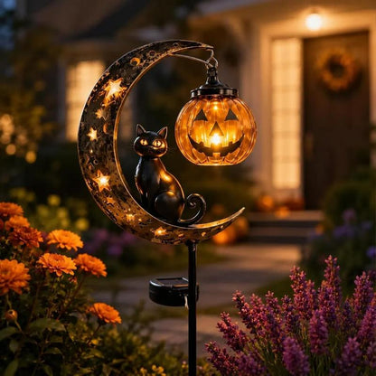 Solar Halloween Cat & Pumpkin Moon Garden Stake Light