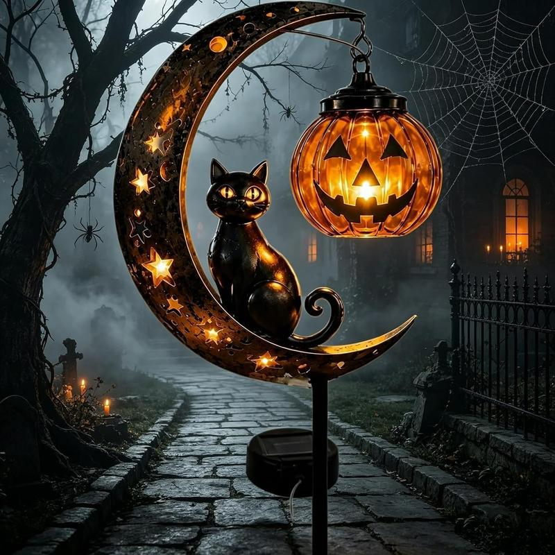 Solar Halloween Cat & Pumpkin Moon Garden Stake Light