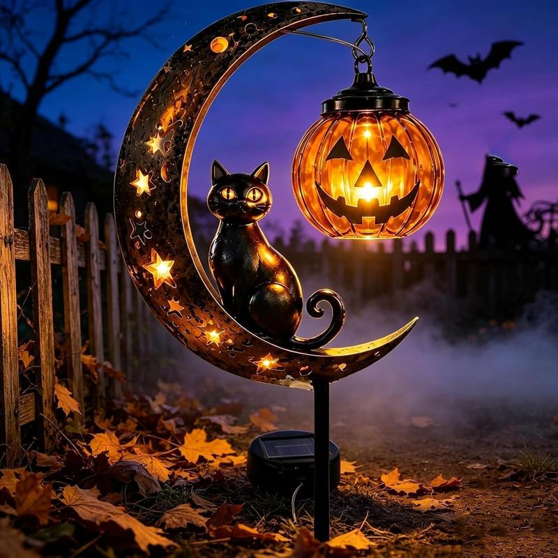 Solar Halloween Cat & Pumpkin Moon Garden Stake Light