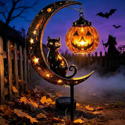 Solar Halloween Cat & Pumpkin Moon Garden Stake Light
